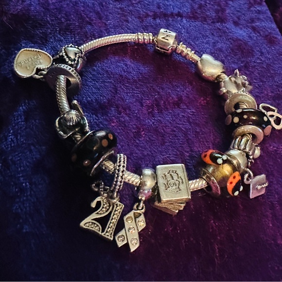 Authentic Pandora Silver and Black Charm Bracelet with 14 charms - Picture 10 of 10